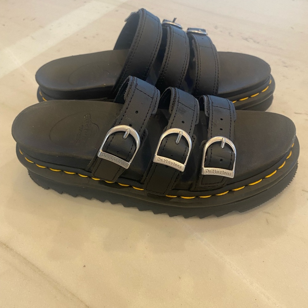 New without  Box Dr. Martens Black Platform Sandals with Silver Buckles